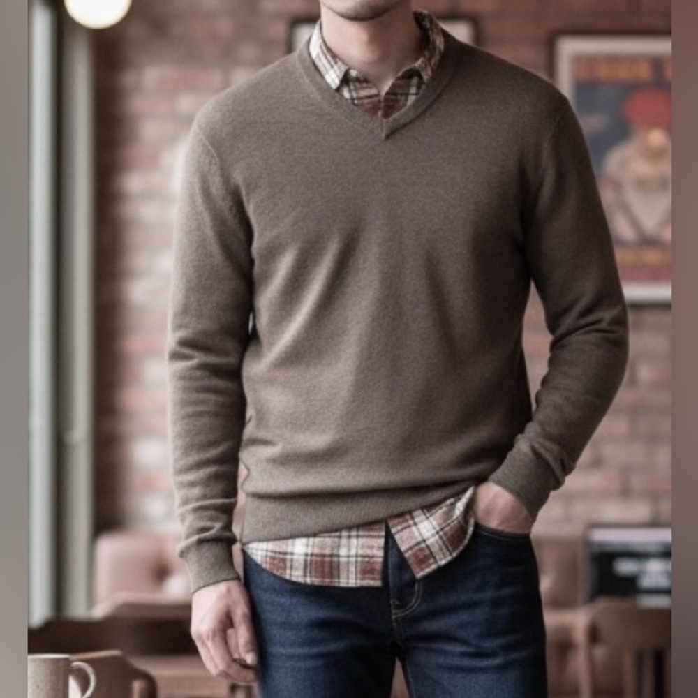 Amazon Essentials Men's Large Heather Brown V-Neck Sweater